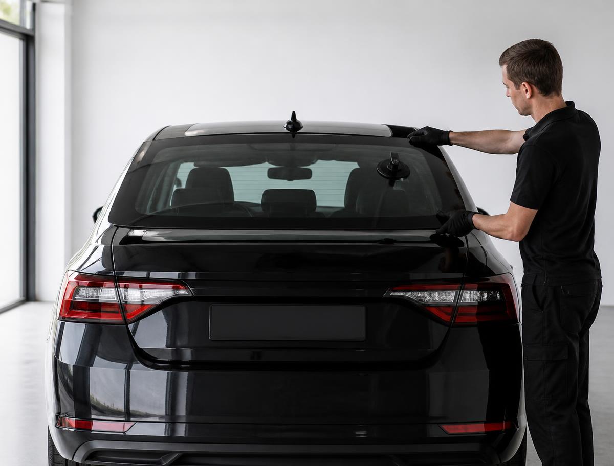 Technicien posant une lunette arrière neuve sur une voiture noire en atelier