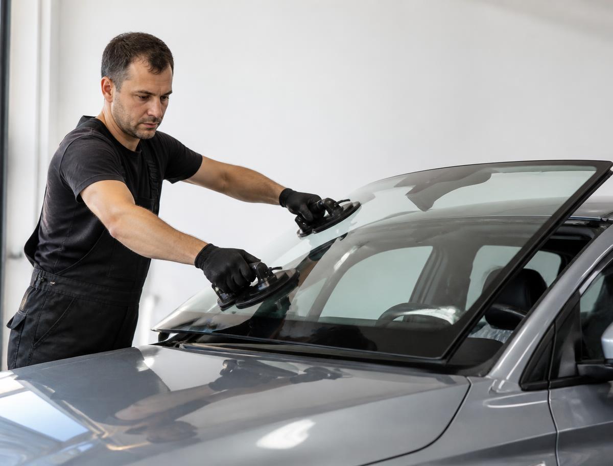 Technicien posant un pare-brise avant neuf sur une voiture grise en atelier